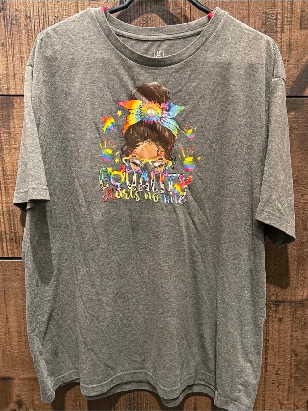 LGBTQ Hand Crafted Gray Tee with Rainbow Equality Graphic 2X
